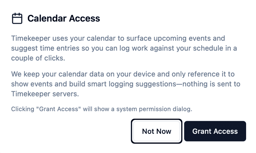 Timekeeper prompting user to grant calendar access