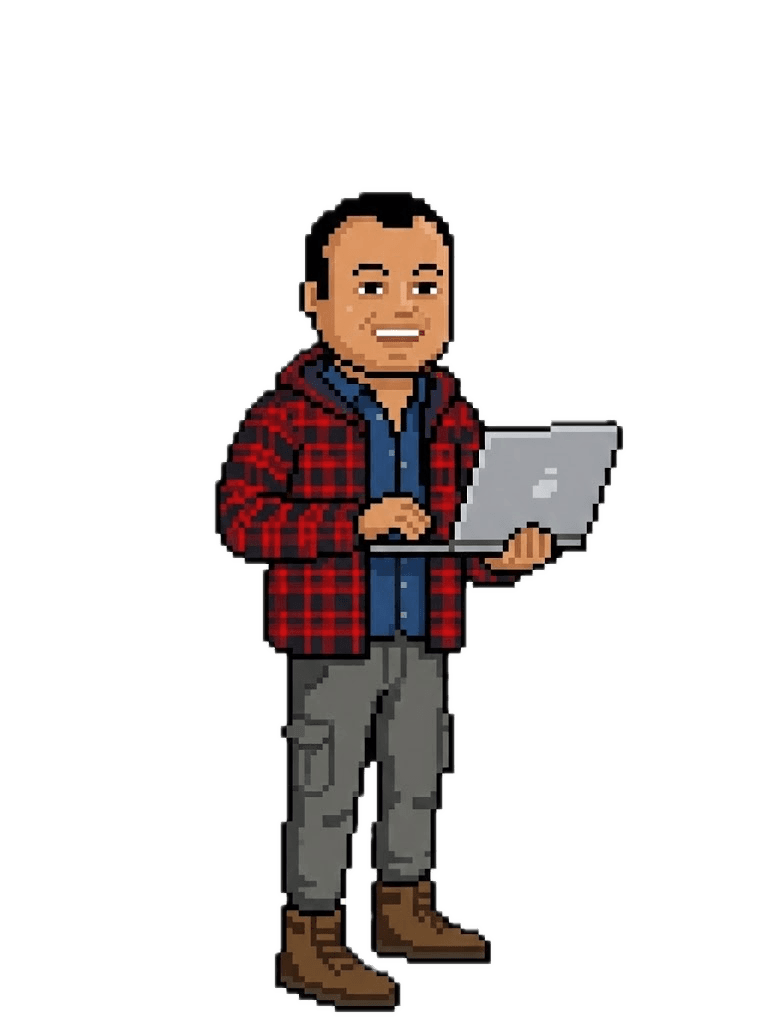 Pixel character of Sandeep typing at a desk